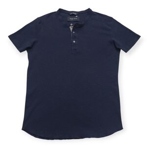 Wings + Horns Short Sleeve Henley Shirt Blue Medium Slim Cotton Raw Hem Natural